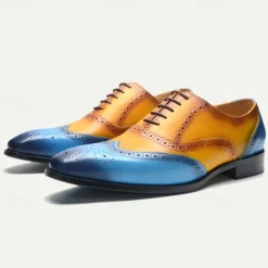 Men's Gradient Brogue Oxford Shoes – Premium Cowhide Leather with Yellow and Blue Design, Perfect for Business, Parties, or Formal Occasions