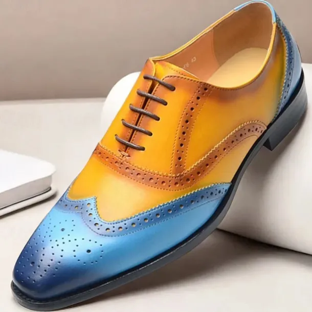 Men's Gradient Brogue Oxford Shoes – Premium Cowhide Leather with Yellow and Blue Design, Perfect for Business, Parties, or Formal Occasions