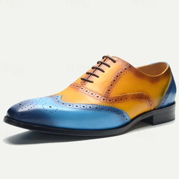 Men's Gradient Brogue Oxford Shoes – Premium Cowhide Leather with Yellow and Blue Design, Perfect for Business, Parties, or Formal Occasions
