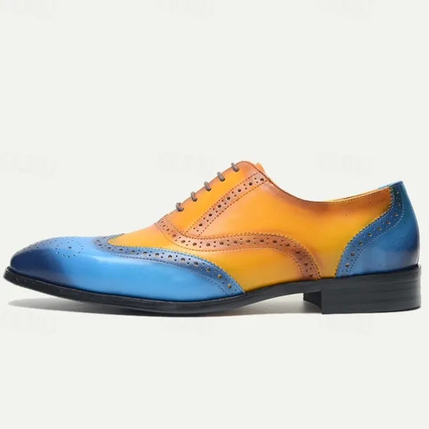 Men's Gradient Brogue Oxford Shoes – Premium Cowhide Leather with Yellow and Blue Design, Perfect for Business, Parties, or Formal Occasions