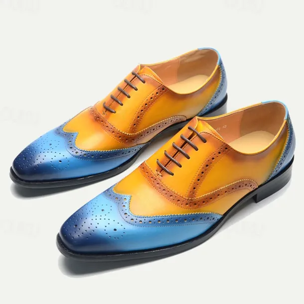 Men's Gradient Brogue Oxford Shoes – Premium Cowhide Leather with Yellow and Blue Design, Perfect for Business, Parties, or Formal Occasions