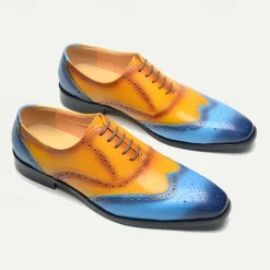 Men's Gradient Brogue Oxford Shoes – Premium Cowhide Leather with Yellow and Blue Design, Perfect for Business, Parties, or Formal Occasions