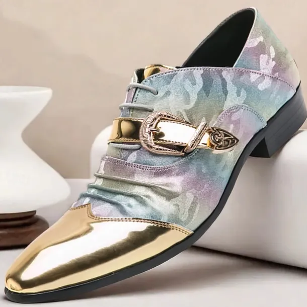 Men's Gradient Camo Formal Shoes with Metallic Gold Toe Caps and Buckle Detail - Elegant Lace-Up Design for Parties and Special Events