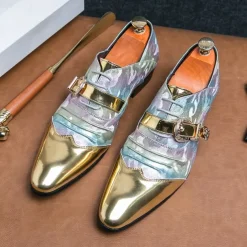 Men's Gradient Camo Formal Shoes with Metallic Gold Toe Caps and Buckle Detail - Elegant Lace-Up Design for Parties and Special Events