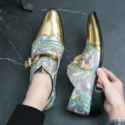 Men's Gradient Camo Formal Shoes with Metallic Gold Toe Caps and Buckle Detail - Elegant Lace-Up Design for Parties and Special Events
