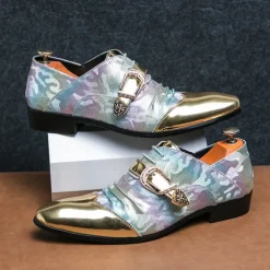 Men's Gradient Camo Formal Shoes with Metallic Gold Toe Caps and Buckle Detail - Elegant Lace-Up Design for Parties and Special Events