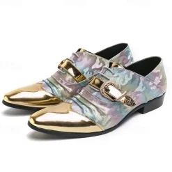 Men's Gradient Camo Formal Shoes with Metallic Gold Toe Caps and Buckle Detail - Elegant Lace-Up Design for Parties and Special Events
