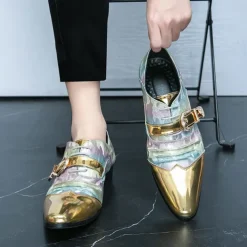 Men's Gradient Camo Formal Shoes with Metallic Gold Toe Caps and Buckle Detail - Elegant Lace-Up Design for Parties and Special Events