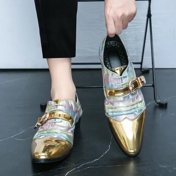 Men's Gradient Camo Formal Shoes with Metallic Gold Toe Caps and Buckle Detail - Elegant Lace-Up Design for Parties and Special Events