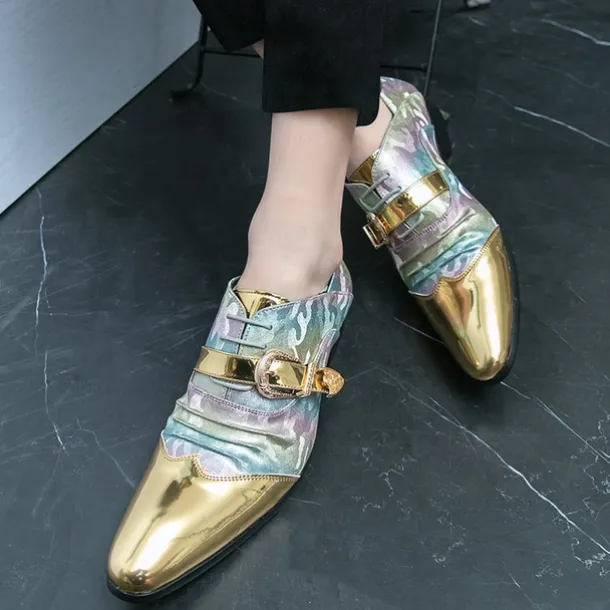 Men's Gradient Camo Formal Shoes with Metallic Gold Toe Caps and Buckle Detail - Elegant Lace-Up Design for Parties and Special Events