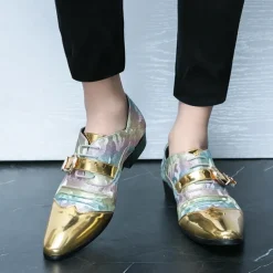 Men's Gradient Camo Formal Shoes with Metallic Gold Toe Caps and Buckle Detail - Elegant Lace-Up Design for Parties and Special Events