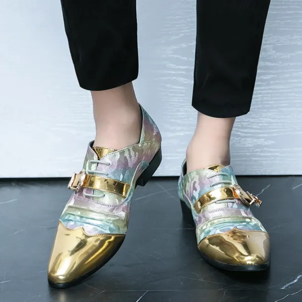 Men's Gradient Camo Formal Shoes with Metallic Gold Toe Caps and Buckle Detail - Elegant Lace-Up Design for Parties and Special Events
