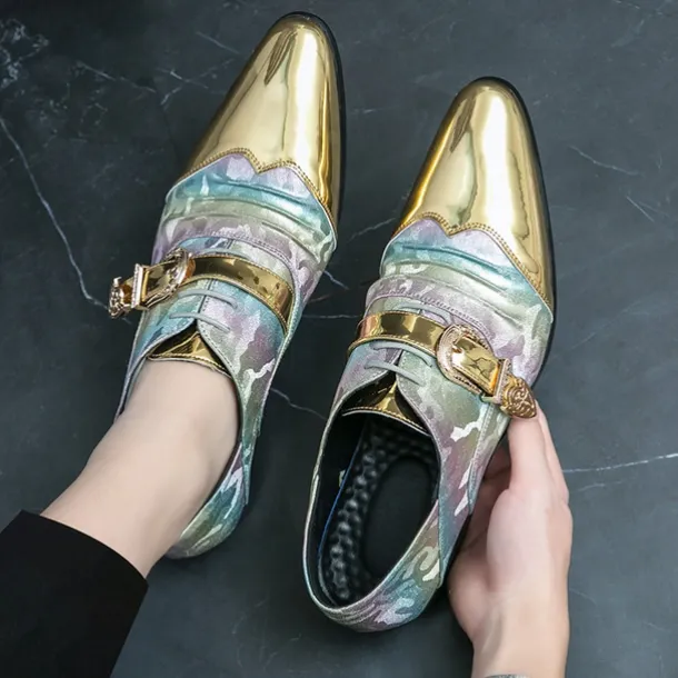 Men's Gradient Camo Formal Shoes with Metallic Gold Toe Caps and Buckle Detail - Elegant Lace-Up Design for Parties and Special Events