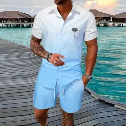 Men's Gradient Coconut Tree Tropical Plants 2pcs Shirts Sets Summer Hawaiian Shirt Short Sleeve Short Pants Turndown Fashion Streetwear Designer Outdoor Street Casual Print Summer Spring Yellow Pink