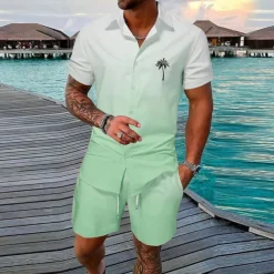 Men's Gradient Coconut Tree Tropical Plants 2pcs Shirts Sets Summer Hawaiian Shirt Short Sleeve Short Pants Turndown Fashion Streetwear Designer Outdoor Street Casual Print Summer Spring Yellow Pink