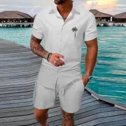 Men's Gradient Coconut Tree Tropical Plants 2pcs Shirts Sets Summer Hawaiian Shirt Short Sleeve Short Pants Turndown Fashion Streetwear Designer Outdoor Street Casual Print Summer Spring Yellow Pink