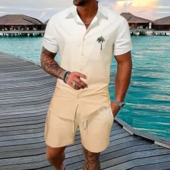 Men's Gradient Coconut Tree Tropical Plants 2pcs Shirts Sets Summer Hawaiian Shirt Short Sleeve Short Pants Turndown Fashion Streetwear Designer Outdoor Street Casual Print Summer Spring Yellow Pink