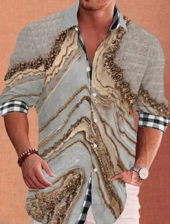 Men's Gradient Geometric Pattern Marble Shirt Button Up Shirt Long Sleeve Fashion Streetwear Designer Outdoor Casual Daily Summer Spring Fall Stand Collar Print Black Yellow Green Khaki Gray