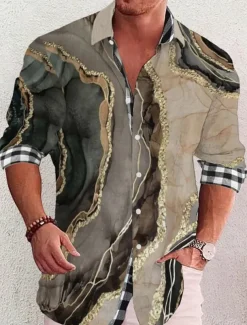 Men's Gradient Geometric Pattern Marble Shirt Button Up Shirt Long Sleeve Fashion Streetwear Designer Outdoor Casual Daily Summer Spring Fall Stand Collar Print Black Yellow Green Khaki Gray