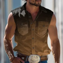 Men's Gradient Shirt Western Shirt Cowboy Shirt Sleeveless Western Style Outdoor Causal Summer Spring Shirt Collar Khaki