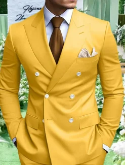 Men's Graduation Blazer Business Cocktail Party Wedding Party Fashion Casual Spring Fall Polyester Plain Pocket Buttons Comfortable Double Breasted Blazer White Yellow Purple Light Blue