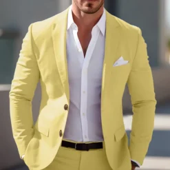 Men's Graduation Blazer Business Cocktail Party Wedding Party Fashion Casual Spring & Fall Polyester Solid Color Pocket Buttons Comfortable Single Breasted Blazer Light Pink Yellow Pink Royal Blue