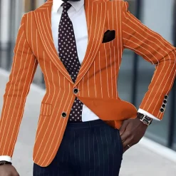 Men's Graduation Blazer Business Cocktail Party Wedding Party Fashion Casual Spring & Fall Polyester Stripes Pocket Buttons Comfortable Single Breasted Blazer Black White Yellow Pink