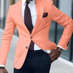 Men's Graduation Blazer Business Cocktail Party Wedding Party Fashion Casual Spring & Fall Polyester Solid Color Pocket Buttons Comfortable Single Breasted Blazer Light Pink White Yellow Pink