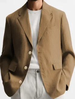 Men's Graduation Blazer Business Cocktail Party Wedding Party Fashion Casual Spring Autumn / Fall Linen Solid Color Pocket Buttons Comfortable Single Breasted Blazer Black Brown khaki Army Green