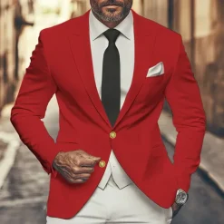 Men's Graduation Blazer Business Cocktail Party Wedding Party Fashion Casual Spring & Fall Polyester Solid Color Pocket Buttons Comfortable Single Breasted Blazer Red