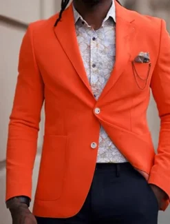 Men's Graduation Blazer Business Cocktail Party Wedding Party Fashion Casual Spring Fall Polyester Plain Pocket Buttons Comfortable Single Breasted Blazer Orange Light Blue