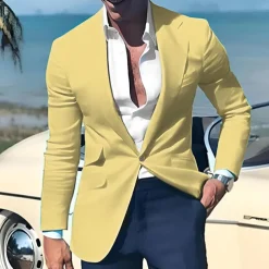 Men's Graduation Blazer Business Cocktail Party Wedding Party Fashion Casual Spring & Fall Polyester Linen Plain Pocket Buttons Comfortable Single Breasted One-button Blazer Light Pink Yellow Pink