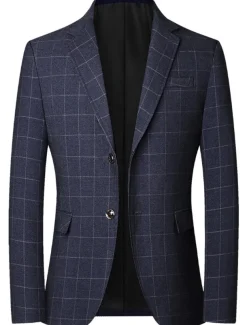 Men's Graduation Cocktail Attire Blazer Business Formal Evening Classic & Timeless Spring Fall Polyester Plaid Checkered Formal Style Wedding Single Breasted Two-button Blazer Black Dark Blue