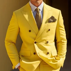 Men's Graduation Cocktail Attire Blazer Business Wedding Party Fashion Casual Spring & Fall Polyester Plain Pocket Buttons Casual / Daily Double Breasted Blazer Yellow Burgundy Royal Blue khaki