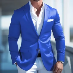 Men's Graduation Cocktail Attire Blazer Business Formal Evening Wedding Party Fashion Casual Spring & Fall Polyester Plain Pocket Casual / Daily Single Breasted Blazer Pink Blue Dark Blue