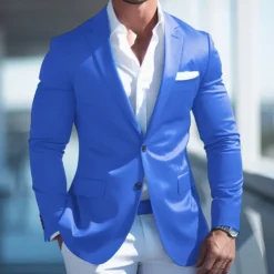 Men's Graduation Cocktail Attire Blazer Business Formal Evening Wedding Party Fashion Casual Spring & Fall Polyester Plain Pocket Casual / Daily Single Breasted Blazer Pink Blue Dark Blue