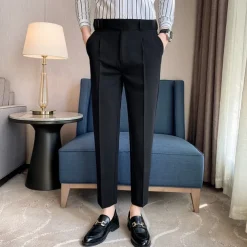 Men's Graduation Dress Pants Trousers Pleated Pants Suit Pants Pocket Straight Leg High Rise Plain Comfort Breathable Business Casual Elegant Vintage Black Khaki High Waist