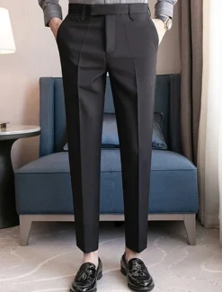 Men's Graduation Dress Pants Trousers Chinos Buttons Pocket Solid Color Comfort Formal Party Work Fashion Classic Style Black Coffee Micro-elastic