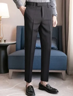 Men's Graduation Dress Pants Trousers Chinos Buttons Pocket Solid Color Comfort Formal Party Work Fashion Classic Style Black Coffee Micro-elastic