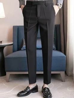 Men's Graduation Dress Pants Trousers Chinos Buttons Pocket Solid Color Comfort Formal Party Work Fashion Classic Style Black Coffee Micro-elastic