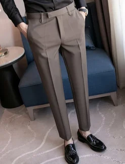 Men's Graduation Dress Pants Trousers Chinos Buttons Pocket Solid Color Comfort Formal Party Work Fashion Classic Style Black Coffee Micro-elastic