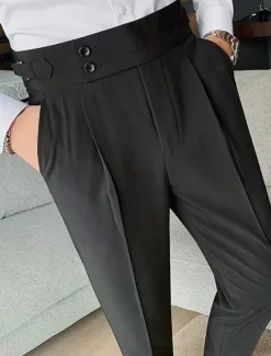 Men's Graduation Dress Pants Trousers Chinos Buttons Pocket Solid Color Comfort Formal Party Work Fashion Classic Style Black White Micro-elastic