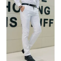 Men's Graduation Dress Pants Trousers Chino Pants Suit Pants Zipper Plain Ankle-Length Wedding Party Work Fashion Business Lake blue Black Micro-elastic