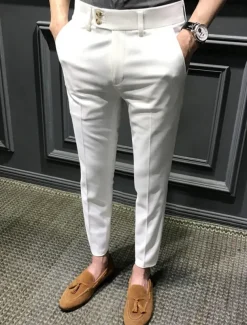 Men's Graduation Dress Pants Trousers Chinos Buttons Pocket Plain Comfort Formal Party Work Fashion Classic Style Black White Micro-elastic