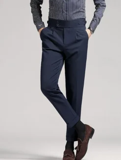 Men's Graduation Dress Pants Trousers Chinos Buttons Pocket Solid Color Comfort Formal Party Work Fashion Classic Style Black Navy Blue Micro-elastic