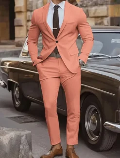 Men's Graduation Set Blazer Business Cocktail Party Wedding Party Fashion Casual Spring & Fall Polyester Plain Pocket 2 Piece Comfortable Single Breasted Blazer Yellow Pink Royal Blue Blue