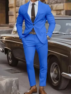 Men's Graduation Set Blazer Business Cocktail Party Wedding Party Fashion Casual Spring & Fall Polyester Plain Pocket 2 Piece Comfortable Single Breasted Blazer Yellow Pink Royal Blue Blue