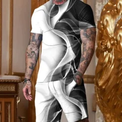 Men's Graphic Abstract 2pcs Tees sets Matching Sets Short Sleeve Short Pants Crew Neck Designer Casual Comfortable Outdoor Vacation Daily 3D Print Spring & Summer Black And White