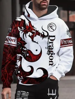 Men's Graphic Animal Dragon Hoodie Hoodies Sweatshirt Streetwear Designer Long Sleeve Hooded Sports & Outdoor Daily Wine Red Pink Print Spring & Fall Designer