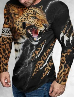 Men's Graphic Animal Leopard T shirt Tee Long Sleeve T shirt 3D Print Crew Neck Shirt Vintage Fashion Designer Outdoor Casual Daily Brown Spring & Fall Clothing Apparel S M L XL 2XL 3XL